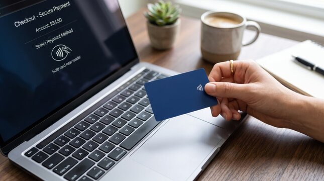 Secure online checkout with contactless credit card payment, holding blue bank card near laptop screen for digital transaction and e-commerce shopping experience.