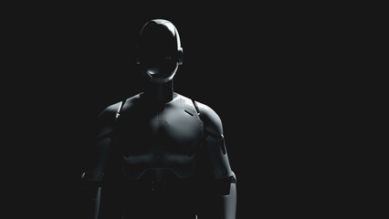 Obraz na płótnie Canvas Dark silhouette of humanoid AI robot assistant on black background.