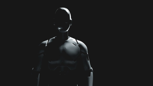 Dark silhouette of humanoid AI robot assistant on black background.