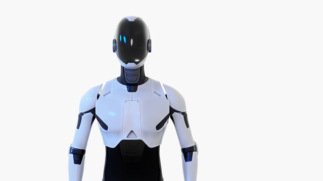 Humanoid AI robot assistant portrait isolated on white background.