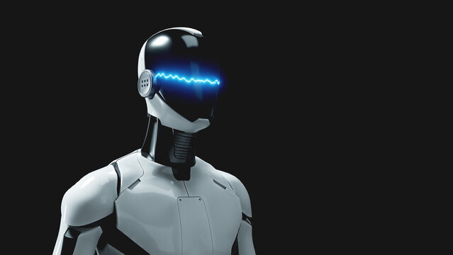 Humanoid AI robot assistant with glowing visor on dark background.