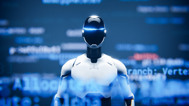 Humanoid AI robot assistant with glowing code overlay background.