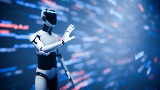 Humanoid AI robot assistant gesturing toward digital code background.