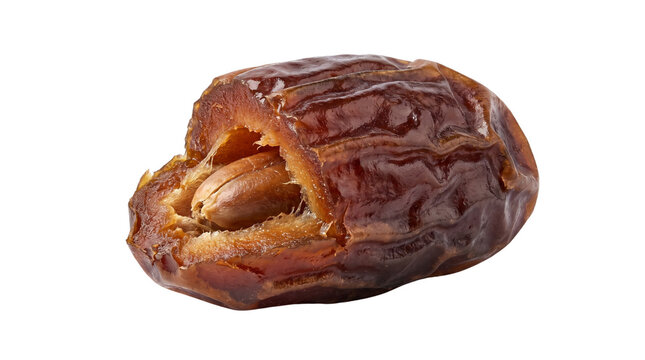 Dried date fruit with visible seed, sweet medjool date macro on white background, organic brown snack for healthy diet