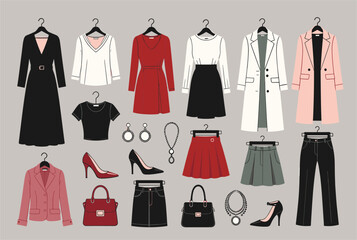 Fototapeta premium Extensive collection of women's fashionable clothing and accessories including dresses, coats, skirts, pants, shoes, bags, and jewelry.
