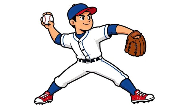 Cartoon baseball pitcher in action throwing a baseball, dynamic pose, white background