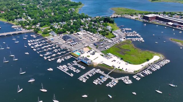 Barrington Yacht Club aerial view at Tyler Point in town of Barrington, Rhode Island RI, USA. Tyler Point located at the mouth of Palmer River into Barrington River. 