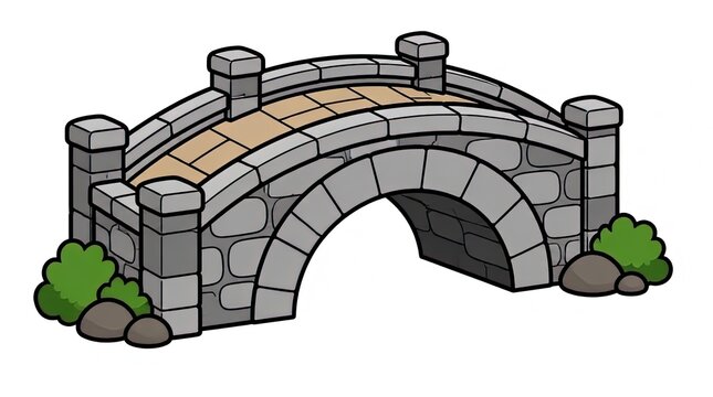 Charming Cartoon Stone Bridge with Arch and Paved Walkway, Isolated on White