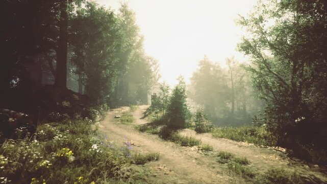 Forked dirt track splitting under tall oaks, morning glow warming foliage, peaceful junction suggesting journey choice, ideal for travel and contemplative