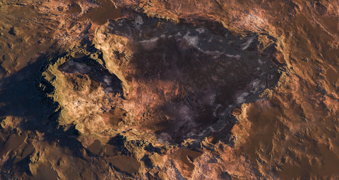 Mars-Like Alien Landscape Aerial View With Craters and Rocky Terrain &mdash; 3D Rendering Concept Art