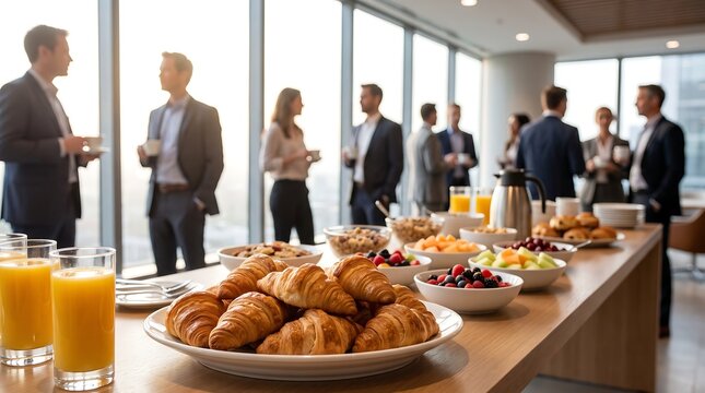 Corporate business networking event with blurred professionals socializing near table filled with fresh croissants and orange juice against floor to ceiling windows in modern office