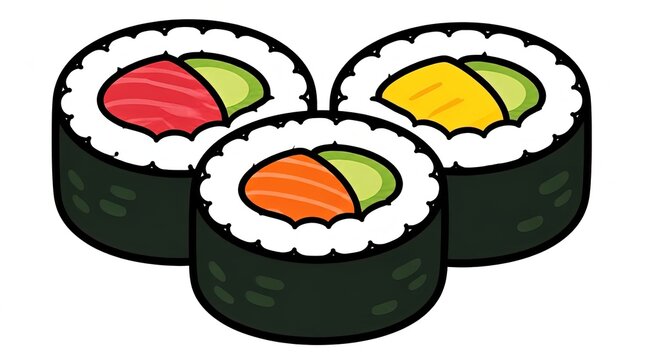 Cute Cartoon Sushi Rolls with Salmon, Tuna, and Avocado