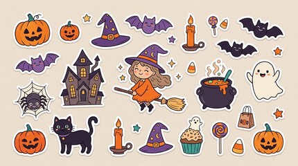 Set of cute Halloween stickers with witch, ghost, pumpkin and haunted house elements