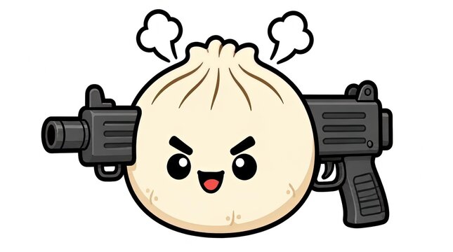 Cute Kawaii Dumpling Character Holding a Submachine Gun, Cartoon Style with Steam
