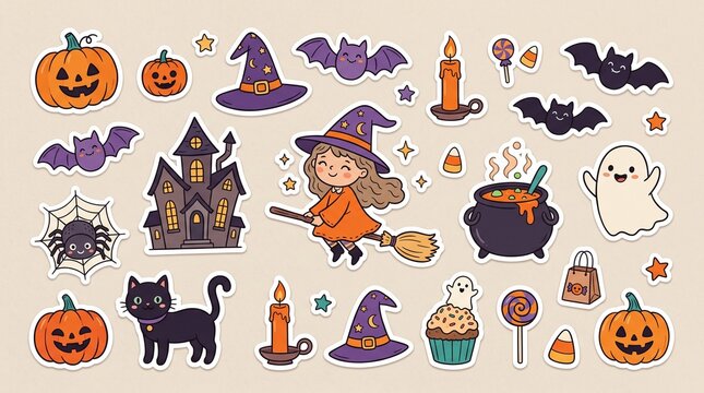 Set of cute Halloween stickers with witch, ghost, pumpkin and haunted house elements
