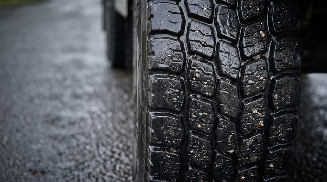 Wet Tire Tread on Road: A close-up of a robust tire tread gripping a wet asphalt road, highlighting traction and safety in adverse weather conditions.