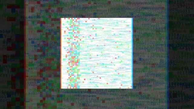 Abstract digital glitch effect with distorted pixels and colorful noise on a dark background