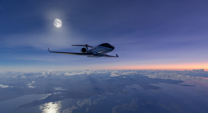 Private Jet Flying Over Moonlit Mountains at Dusk &mdash; Luxury Business Travel 3D Rendering