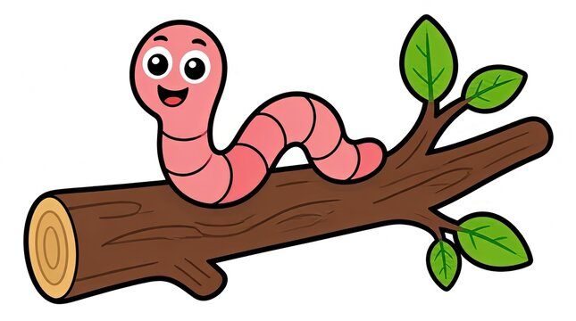 Cute cartoon pink worm with big eyes smiling on a tree branch with green leaves, flat design illustration