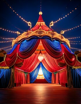 Colorful circus tent entrance with vibrant decorations and lights.