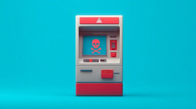 Digital automated teller machine displaying dangerous skull warning icon on screen against vibrant blue background color