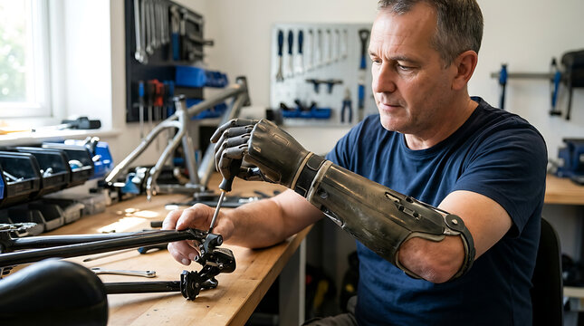 Man with prosthetic arm working on bicycle parts in workshop.
