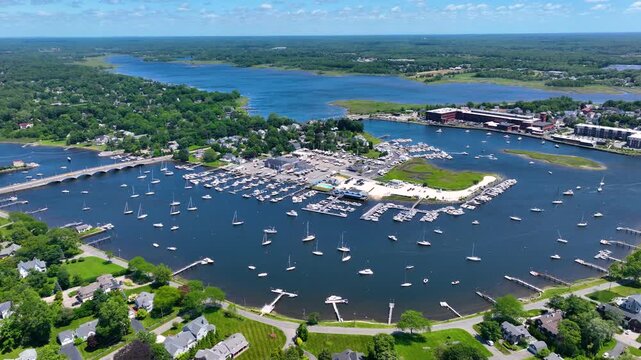 Barrington Yacht Club aerial view at Tyler Point in town of Barrington, Rhode Island RI, USA. Tyler Point located at the mouth of Palmer River into Barrington River. 
