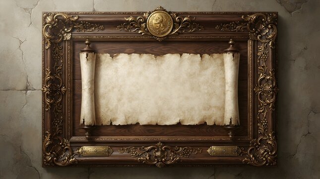 Ornate golden frame with blank parchment scroll on stone wall background
