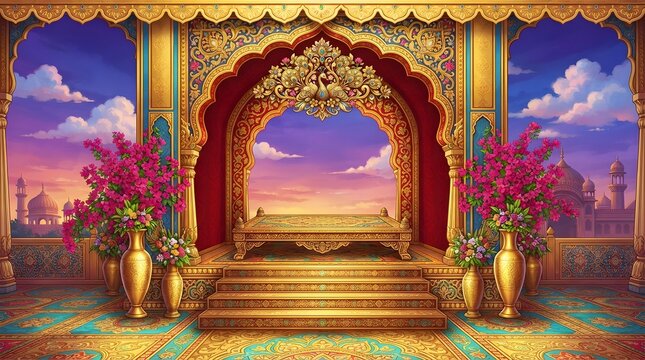 Ornate palace archway with peacock motif and floral arrangements against a vibrant sky