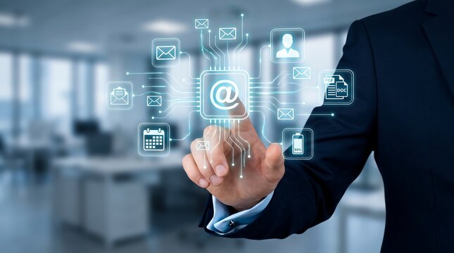 Businessman touching digital interface with email icon and various communication icons floating in office environment representing modern connectivity and digital transformation