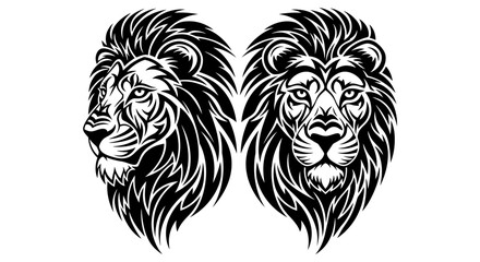 Fototapeta premium Black and white lion heads illustration.