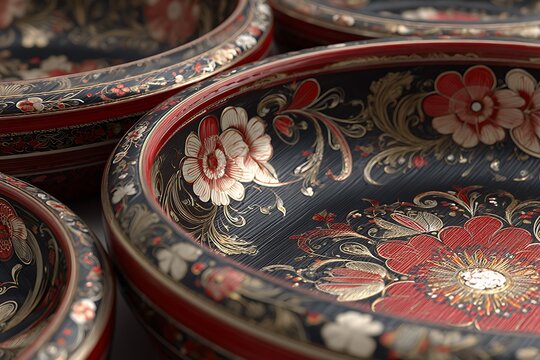Close-up of traditional Russian Khokhloma wooden bowls with floral patterns and vibrant colors, showcasing cultural heritage.