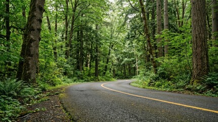 Fototapeta premium Curving asphalt road through dense green forest with tall trees