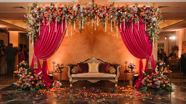 Elegant wedding stage decoration with floral arch and red drapery for a festive celebration