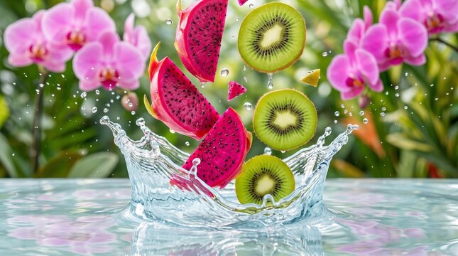 Tropical dragon fruit and kiwi slices splashing in water, fresh exotic fruit splash, pink orchid floral background