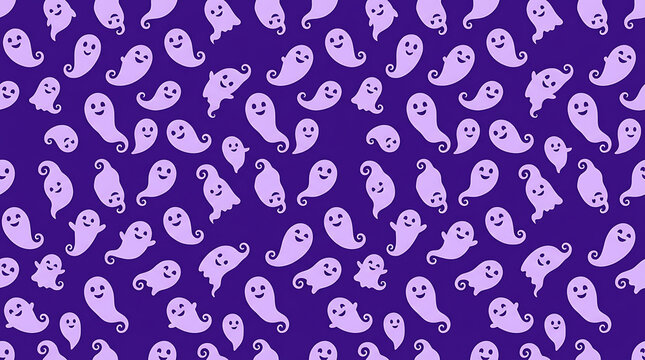 Seamless pattern with cute cartoon ghosts on a purple background