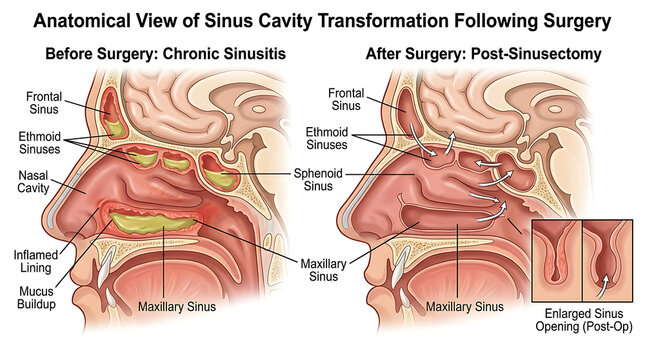 Anatomical Illustration of Sinus Cavity Before and After Sinus Surgery.