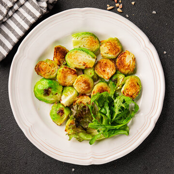 Brussels sprouts dish vegetable dish tasty snack fresh and delicious gourmet food background on the table  rustic food top view copy space keto and paleo diets vegetarian and vegan food
