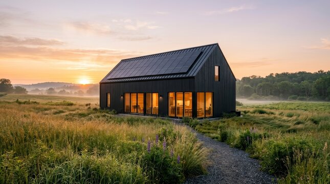 Modern black barn house with solar panels at sunrise in a misty field.