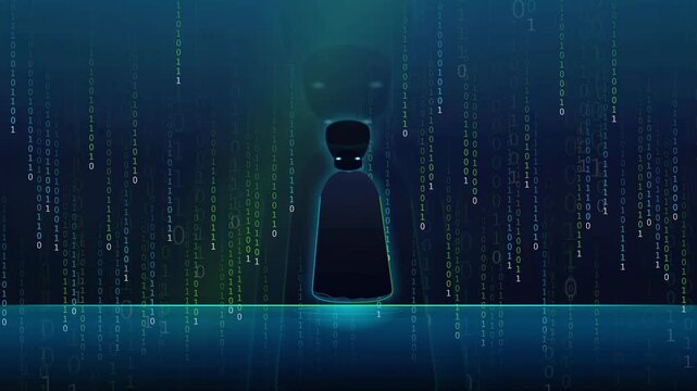 Abstract digital silhouette of a person standing in a raining binary code data stream