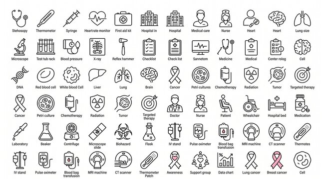 Medical and oncology vector icon set for healthcare, hospital, and cancer research design.