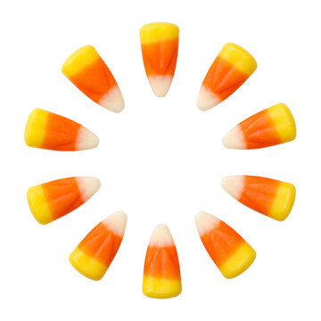 Candy corn arranged in a circle on transparent background