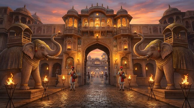 Majestic Indian palace entrance with elephants and guards at sunset architectural detail