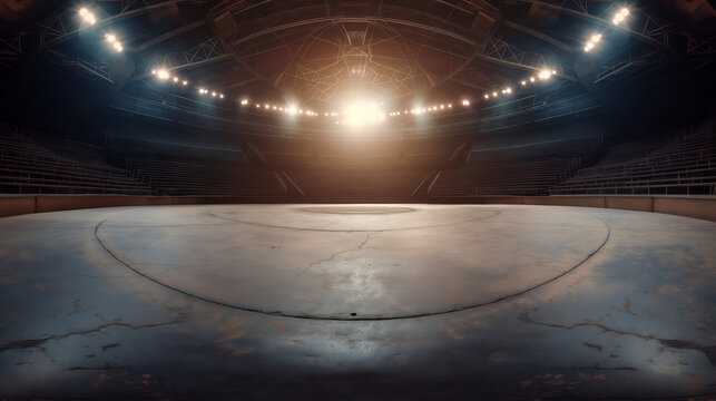 Empty Wrestling Ring with Distorted Arena Seating and Dramatic Spotlight