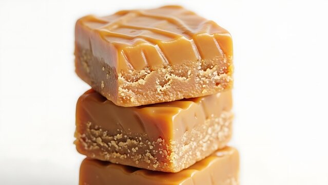 Stack of Soft Caramel Fudge Squares Toffee Cubes Isolated on White
