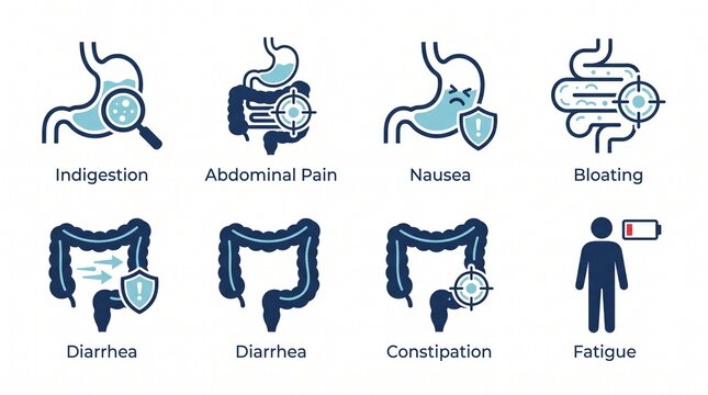 Digestive System Health Icons Set for Medical Infographics and Gastrointestinal Symptoms