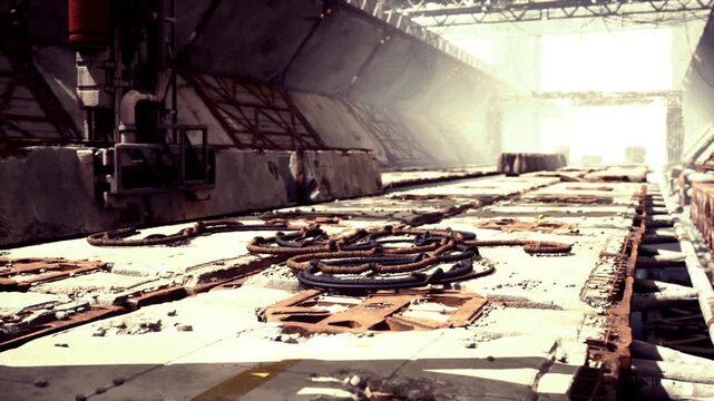 Sunlit factory floor with scattered mechanical parts, wide view of assembly deck, robotic loader tracks, textured platform surfaces, workshop tools, industrial