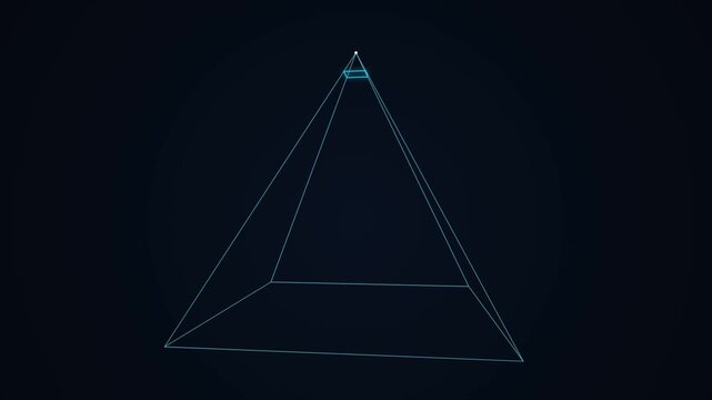 Dynamic motion of geometric wireframe pyramid in 3D space for digital animation.