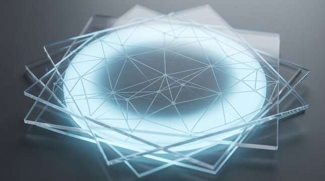 Abstract composition of transparent glass plates stacked together with geometric network lines overlay, modern minimal design element for technology or architectures