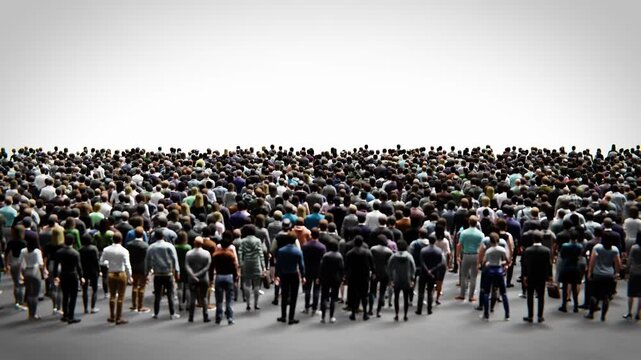 Large crowd of diverse people standing together looking in one direction, representing community.